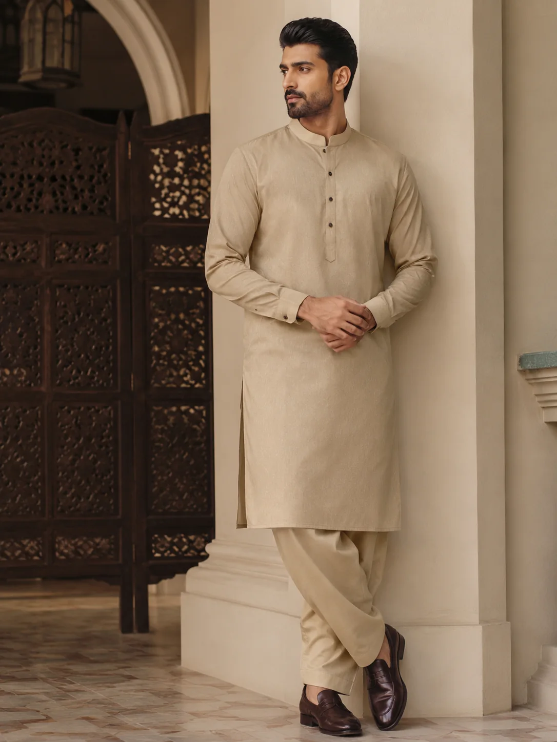 Man modeling a refined Pakistani kurta pajama