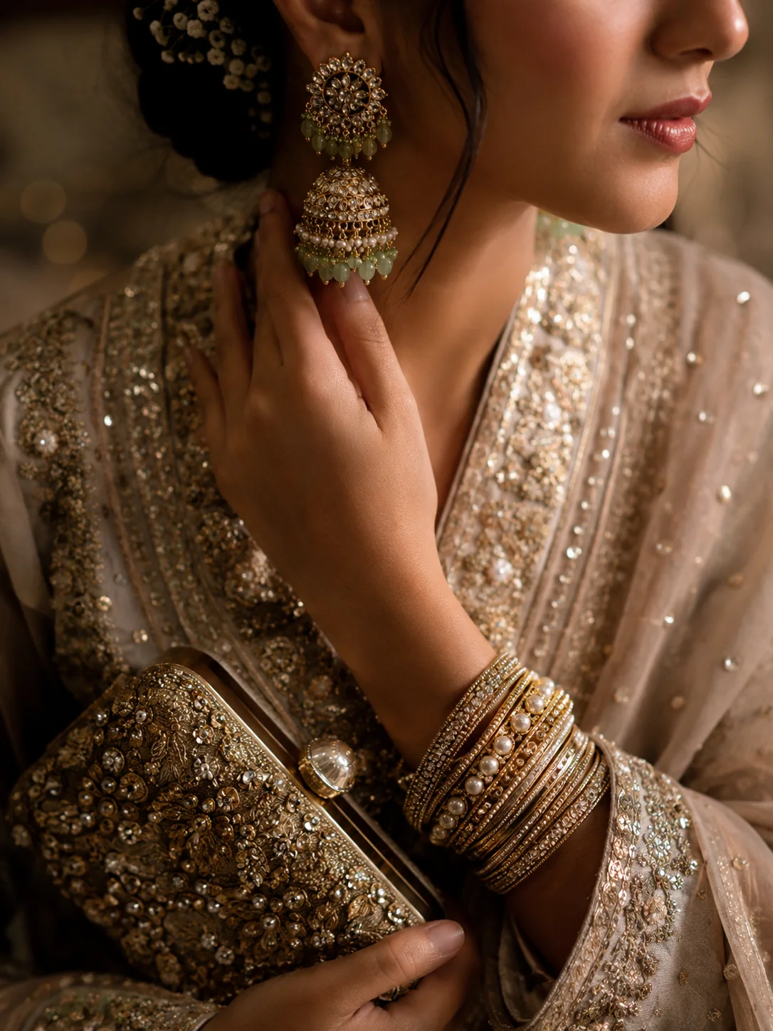 Close-up of Pakistani jewelry and embroidered formal wear