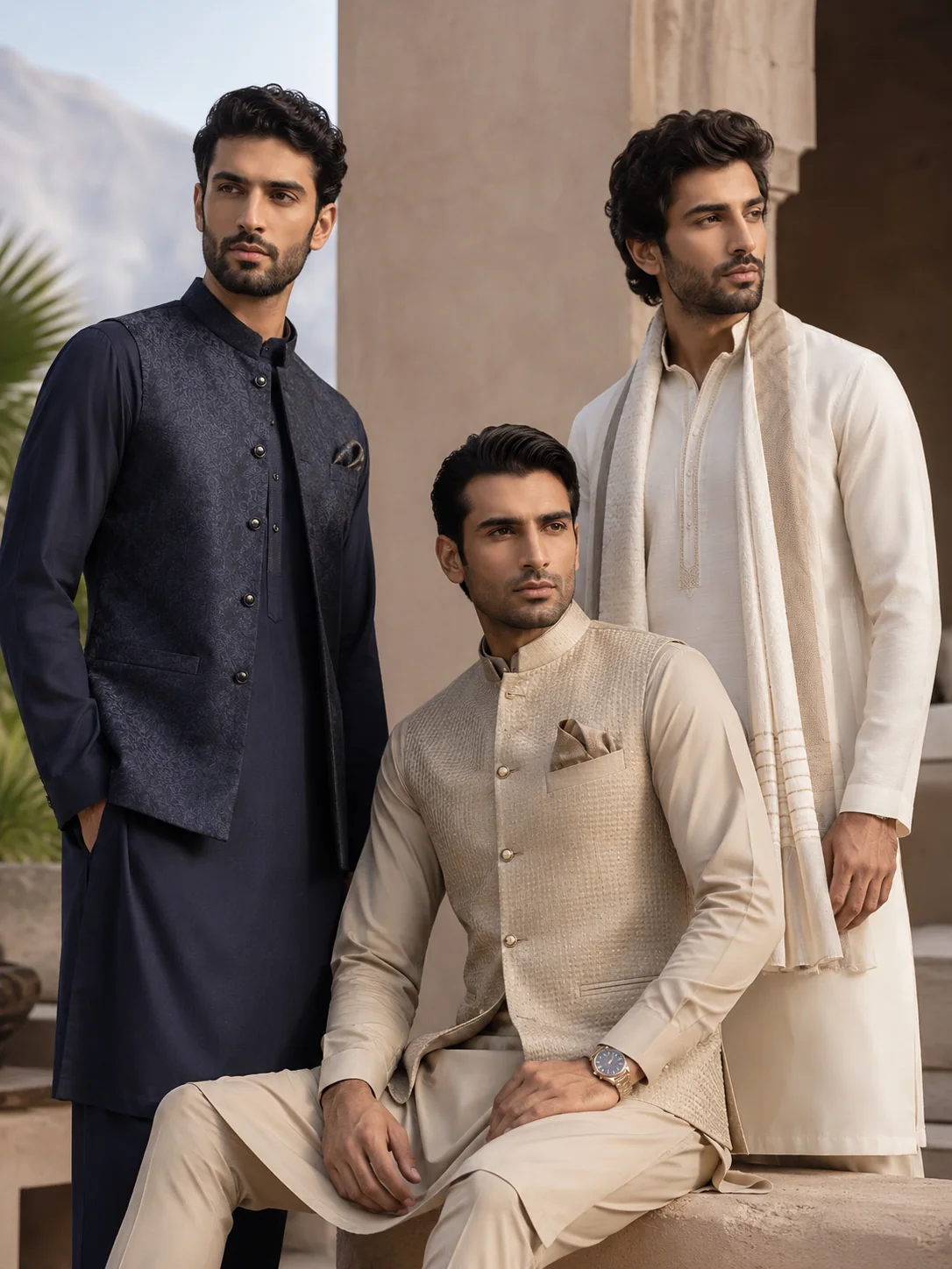 Men modeling formal Pakistani eastern wear