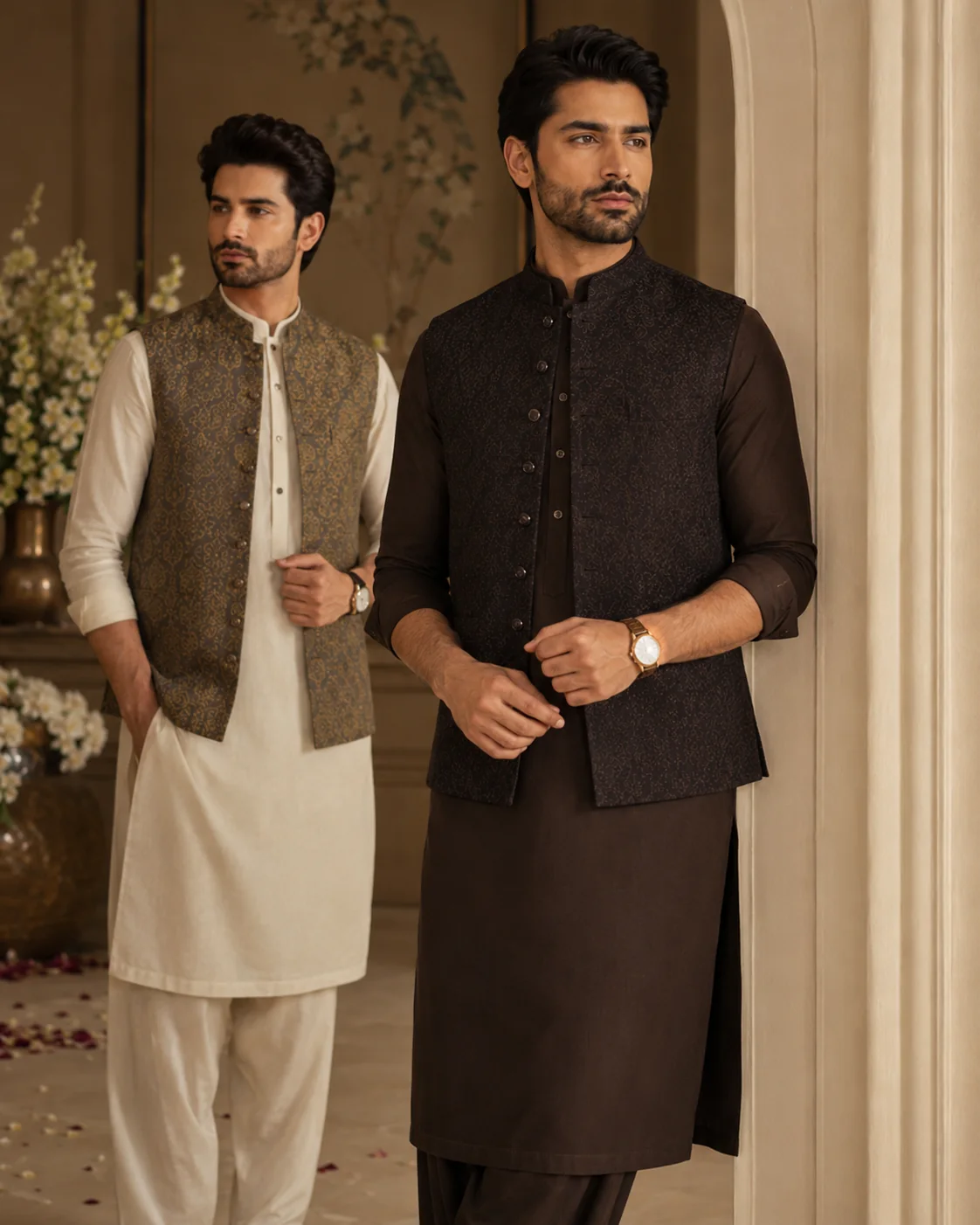 Two men modeling elegant Pakistani waistcoats and kurtas