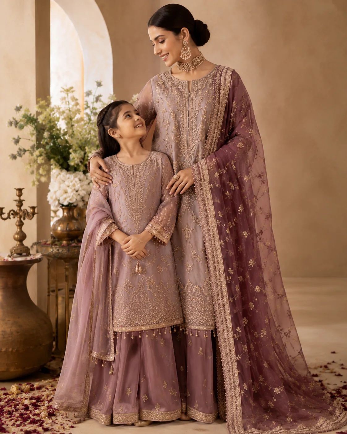 Mother and daughter in coordinated Pakistani formal outfits