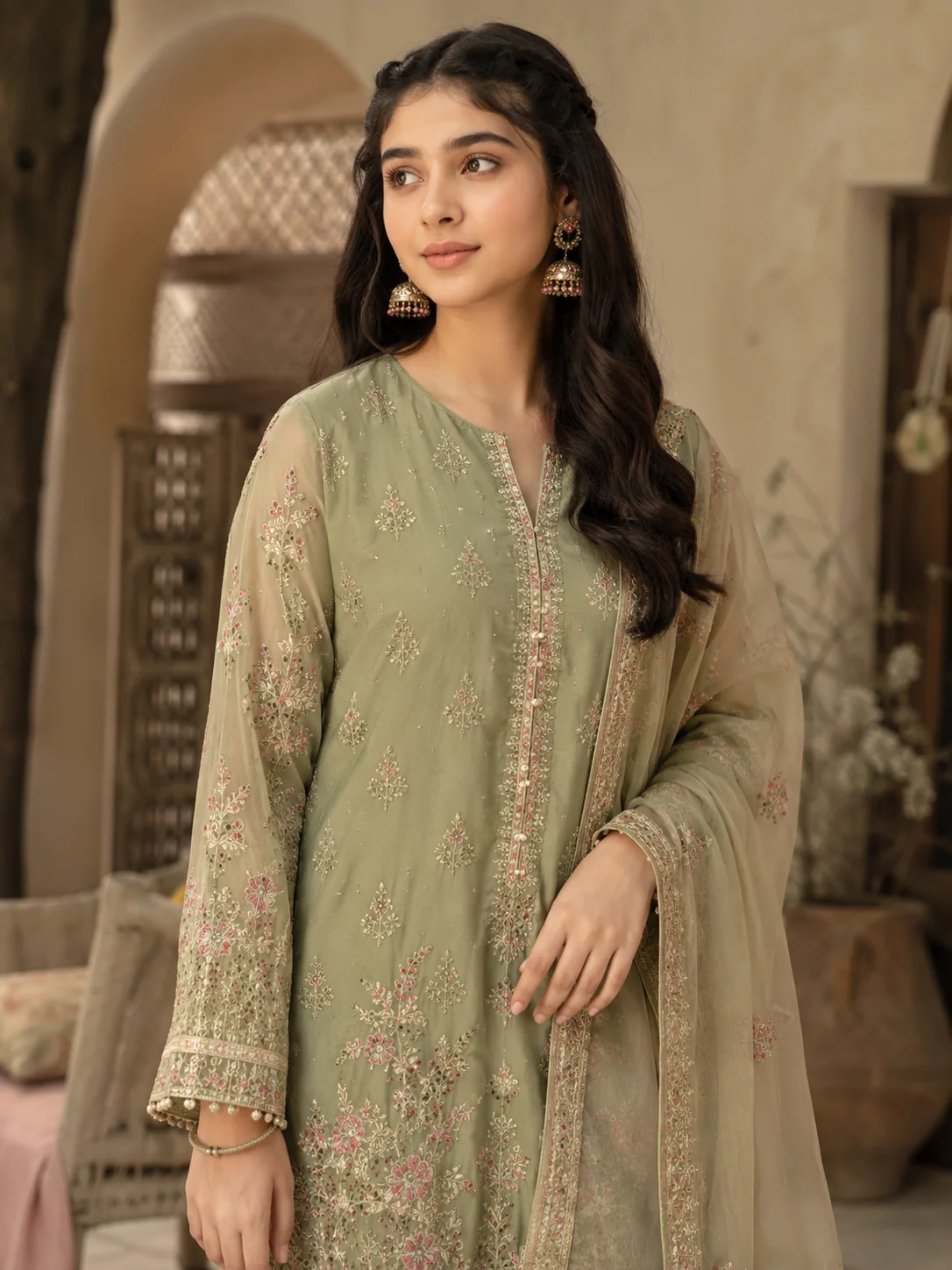 Woman modeling a graceful embroidered Pakistani outfit