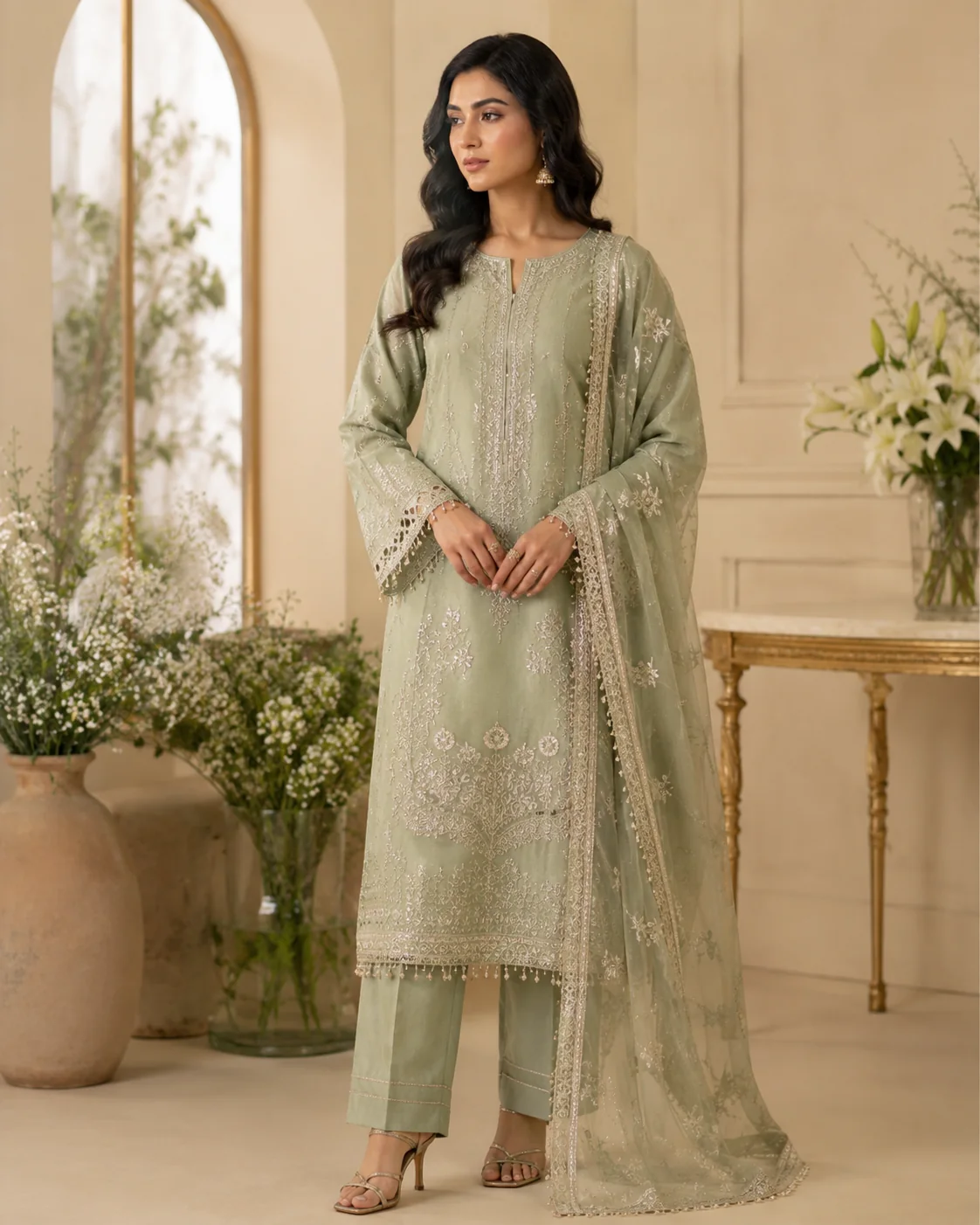 Woman modeling a refined sage Pakistani suit